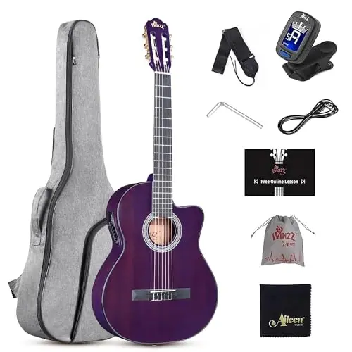 WINZZ AC309CE 39 Inches Cutaway Nylon-string Classical Electric Guitar Build-in Pickup Kit Set Online Lessons, Glossy Purple - WINZZ