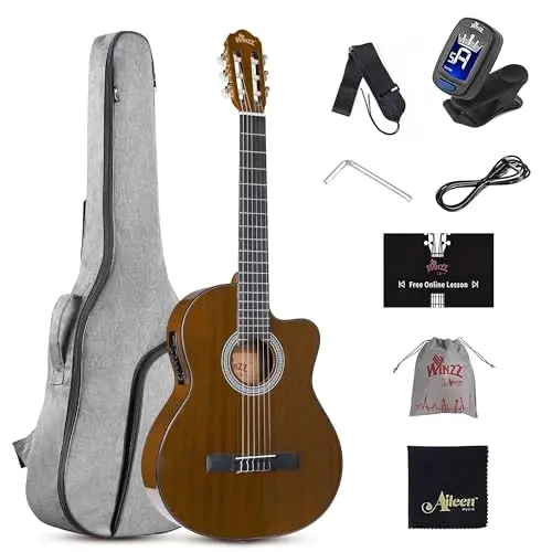 WINZZ AC309CE 39 Inches Cutaway Nylon-string Classical Electric Guitar Build-in Pickup Kit Set Online Lessons, Glossy Tan - 1