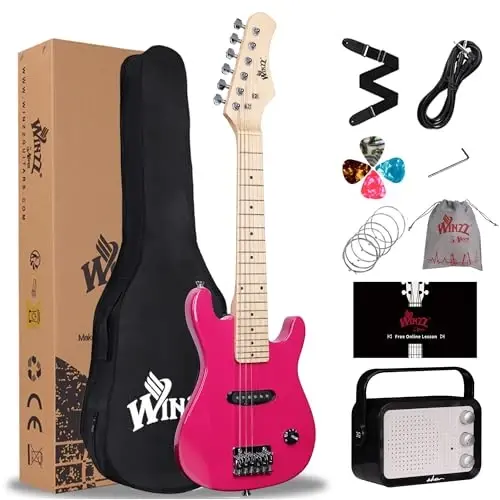 WINZZ EGM100 30 Inches Real Kids Electric Guitar with Beginner Kit, Right Handed (Rose Pink) 