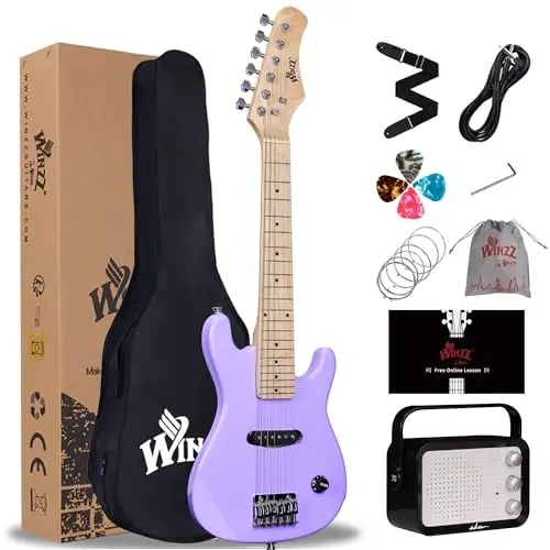 WINZZ EGM100 30 İnç Gerçek Çocuk Elektrik Gitarı Başlangıç Seti ile, Sağ El (Özel Mor) 