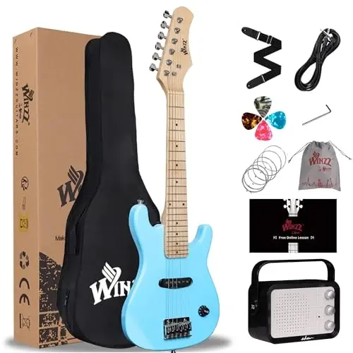 WINZZ EGM100 30 İnç Gerçek Çocuk Elektro Gitar Başlangıç Seti ile, Sağ El (Açık Mavi) - 1