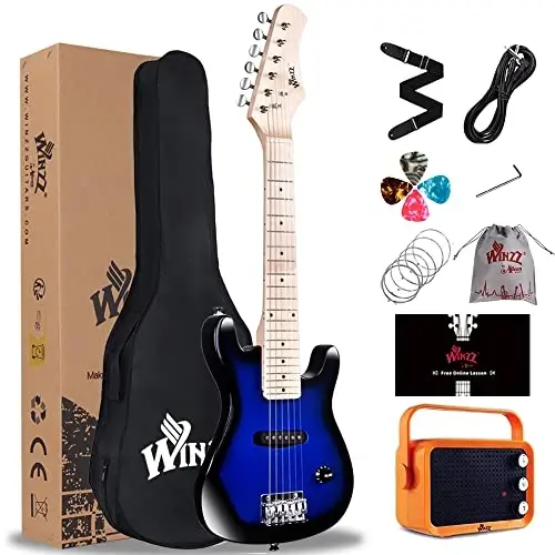 WINZZ EGM100 30 Inches Real Kids Electric Guitar with Beginner Kit, Right Handed, Blueburst 