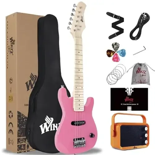 WINZZ EGM100 30 Inches Real Kids Electric Guitar with Beginner Kit, Right Handed, Pink 