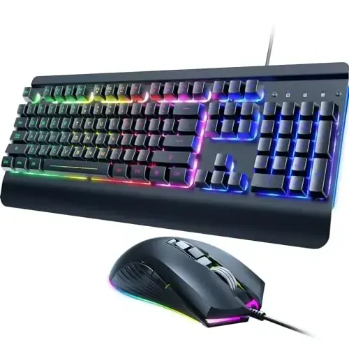 Wired Gaming Klaviatura va Sichqoncha Kombinatsiyasi, 104 Tugmali Metall Panel Rainbow Kompyuter Klaviatura Multimedia Tugmalari, Bilak uchun Dam olish va LED Yoritgichli Gaming Sichqoncha 4200 DPI Windows PC O'yinchilari uchun (Qora) - DACOITY