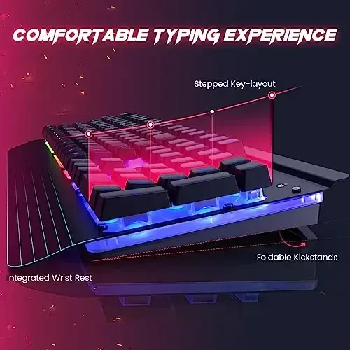 Wired Gaming Klaviatura va Sichqoncha Kombinatsiyasi, 104 Tugmali Metall Panel Rainbow Kompyuter Klaviatura Multimedia Tugmalari, Bilak uchun Dam olish va LED Yoritgichli Gaming Sichqoncha 4200 DPI Windows PC O'yinchilari uchun (Qora) - 6