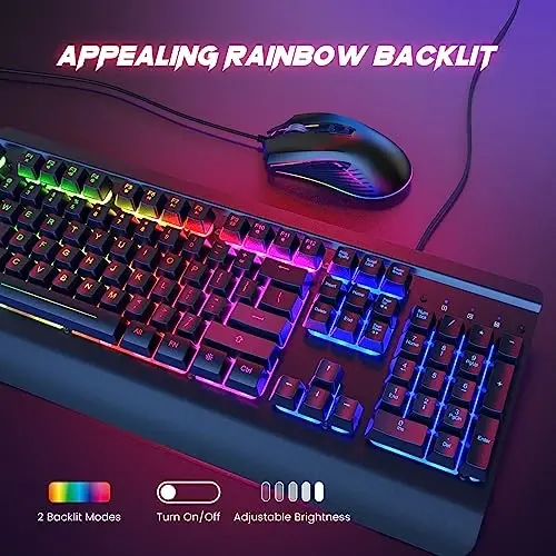Wired Gaming Klaviatura va Sichqoncha Kombinatsiyasi, 104 Tugmali Metall Panel Rainbow Kompyuter Klaviatura Multimedia Tugmalari, Bilak uchun Dam olish va LED Yoritgichli Gaming Sichqoncha 4200 DPI Windows PC O'yinchilari uchun (Qora) - 3