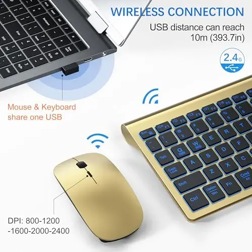 Wireless Backlit Keyboard and Mouse Ultra Slim Combo, TopMate - Gold Black | 2.4G Silent Compact 2400DPI Mouse and Scissor Switch Keyboard Set, Batteries Included, for PC/Laptop/Windows/Mac/Gaming - 4
