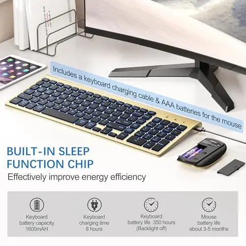 Wireless Backlit Keyboard and Mouse Ultra Slim Combo, TopMate - Gold Black | 2.4G Silent Compact 2400DPI Mouse and Scissor Switch Keyboard Set, Batteries Included, for PC/Laptop/Windows/Mac/Gaming - 5