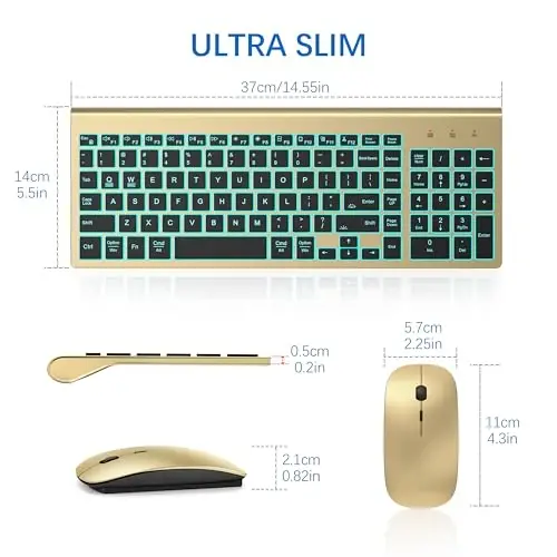 Wireless Backlit Keyboard and Mouse Ultra Slim Combo, TopMate - Gold Black | 2.4G Silent Compact 2400DPI Mouse and Scissor Switch Keyboard Set, Batteries Included, for PC/Laptop/Windows/Mac/Gaming - 6