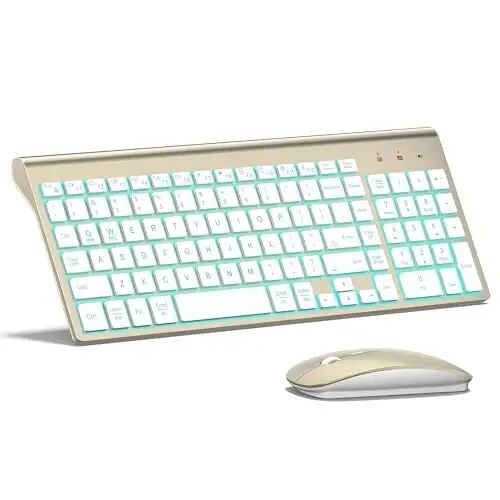 Wireless Backlit Keyboard and Mouse Ultra Slim Combo, TopMate - Gold White | 2.4G Silent Compact 2400DPI Mouse and Scissor Switch Keyboard Set, Batteries Included, for PC/Laptop/Windows/Mac/Gaming - 1