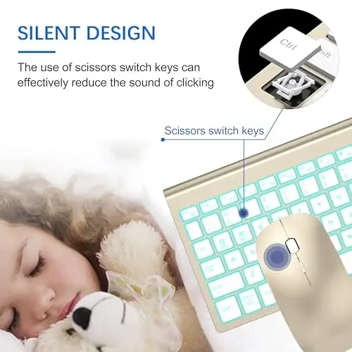 Wireless Backlit Keyboard and Mouse Ultra Slim Combo, TopMate - Gold White | 2.4G Silent Compact 2400DPI Mouse and Scissor Switch Keyboard Set, Batteries Included, for PC/Laptop/Windows/Mac/Gaming - 2