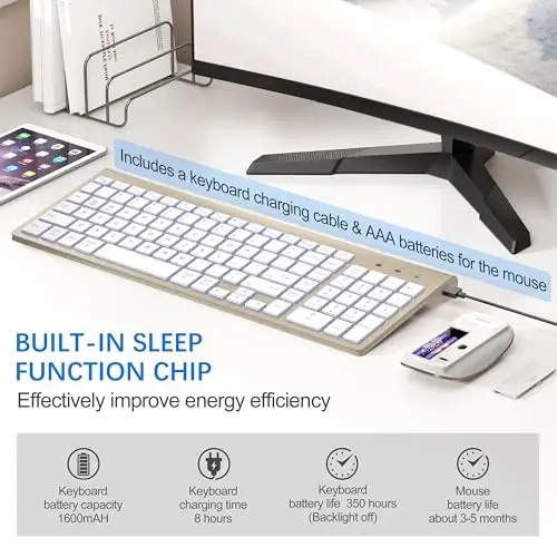 Wireless Backlit Keyboard and Mouse Ultra Slim Combo, TopMate - Gold White | 2.4G Silent Compact 2400DPI Mouse and Scissor Switch Keyboard Set, Batteries Included, for PC/Laptop/Windows/Mac/Gaming - 5