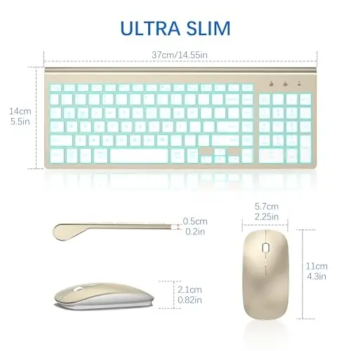 Wireless Backlit Keyboard and Mouse Ultra Slim Combo, TopMate - Gold White | 2.4G Silent Compact 2400DPI Mouse and Scissor Switch Keyboard Set, Batteries Included, for PC/Laptop/Windows/Mac/Gaming - 6