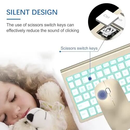Wireless Backlit Keyboard and Mouse Ultra Slim Combo, TopMate - Gold White | 2.4G Silent Compact 2400DPI Mouse and Scissor Switch Keyboard Set, Batteries Included, for PC/Laptop/Windows/Mac/Gaming - TOPMATE (1)