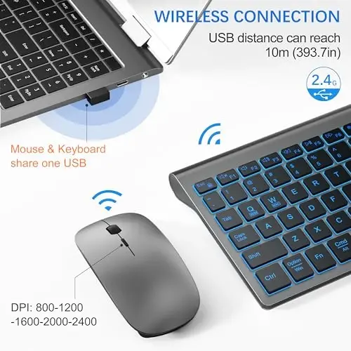 Wireless Backlit Keyboard and Mouse Ultra Slim Combo, TopMate - Gray Black | 2.4G Silent Compact 2400DPI Mouse and Scissor Switch Keyboard Set, Batteries Included, for PC/Laptop/Windows/Mac/Gaming - 4