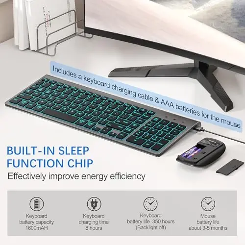 Wireless Backlit Keyboard and Mouse Ultra Slim Combo, TopMate - Gray Black | 2.4G Silent Compact 2400DPI Mouse and Scissor Switch Keyboard Set, Batteries Included, for PC/Laptop/Windows/Mac/Gaming - 5