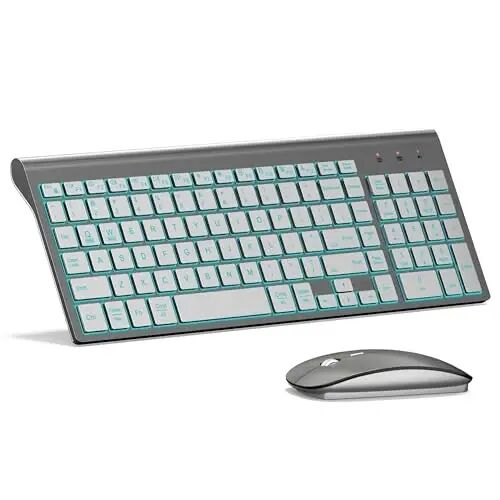 Wireless Backlit Keyboard and Mouse Ultra Slim Combo, TopMate - Gray Silver | 2.4G Silent Compact 2400DPI Mouse and Scissor Switch Keyboard Set, Batteries Included, for PC/Laptop/Windows/Mac/Gaming - 1