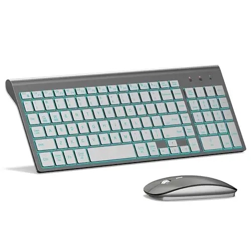 Wireless Backlit Keyboard and Mouse Ultra Slim Combo, TopMate - Gray Silver | 2.4G Silent Compact 2400DPI Mouse and Scissor Switch Keyboard Set, Batteries Included, for PC/Laptop/Windows/Mac/Gaming - 1