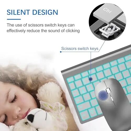 Wireless Backlit Keyboard and Mouse Ultra Slim Combo, TopMate - Gray Silver | 2.4G Silent Compact 2400DPI Mouse and Scissor Switch Keyboard Set, Batteries Included, for PC/Laptop/Windows/Mac/Gaming - TOPMATE (1)