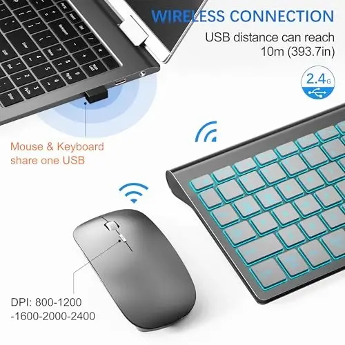 Wireless Backlit Keyboard and Mouse Ultra Slim Combo, TopMate - Gray Silver | 2.4G Silent Compact 2400DPI Mouse and Scissor Switch Keyboard Set, Batteries Included, for PC/Laptop/Windows/Mac/Gaming - 4