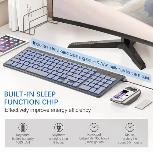 Wireless Backlit Keyboard and Mouse Ultra Slim Combo, TopMate - Gray Silver | 2.4G Silent Compact 2400DPI Mouse and Scissor Switch Keyboard Set, Batteries Included, for PC/Laptop/Windows/Mac/Gaming - 5