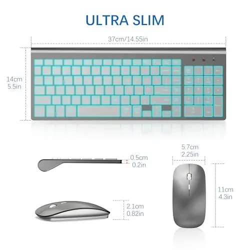 Wireless Backlit Keyboard and Mouse Ultra Slim Combo, TopMate - Gray Silver | 2.4G Silent Compact 2400DPI Mouse and Scissor Switch Keyboard Set, Batteries Included, for PC/Laptop/Windows/Mac/Gaming - 6