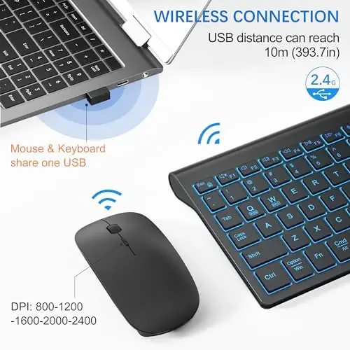 Wireless Backlit Keyboard and Mouse Ultra Slim Combo, TopMate - Matte Black | 2.4G Silent Compact 2400DPI Mouse and Scissor Switch Keyboard Set, Batteries Included, for PC/Laptop/Windows/Mac/Gaming - 4