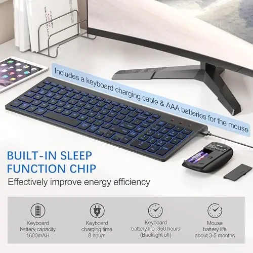 Wireless Backlit Keyboard and Mouse Ultra Slim Combo, TopMate - Matte Black | 2.4G Silent Compact 2400DPI Mouse and Scissor Switch Keyboard Set, Batteries Included, for PC/Laptop/Windows/Mac/Gaming - 5