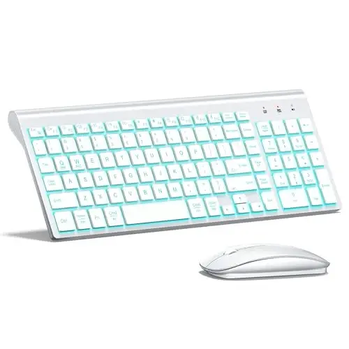 Wireless Backlit Keyboard and Mouse Ultra Slim Combo, TopMate - Matte White | 2.4G Silent Compact 2400DPI Mouse and Scissor Switch Keyboard Set, Batteries Included, for PC/Laptop/Windows/Mac/Gaming - 1
