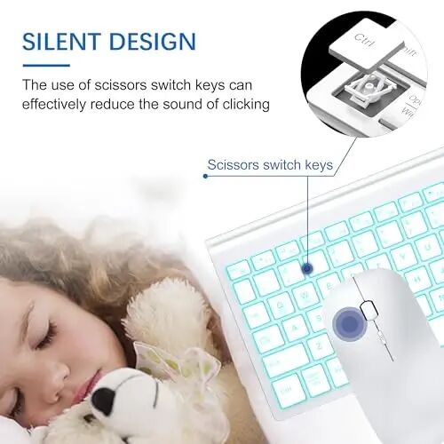 Wireless Backlit Keyboard and Mouse Ultra Slim Combo, TopMate - Matte White | 2.4G Silent Compact 2400DPI Mouse and Scissor Switch Keyboard Set, Batteries Included, for PC/Laptop/Windows/Mac/Gaming - TOPMATE (1)