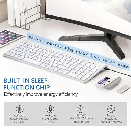 Wireless Backlit Keyboard and Mouse Ultra Slim Combo, TopMate - Matte White | 2.4G Silent Compact 2400DPI Mouse and Scissor Switch Keyboard Set, Batteries Included, for PC/Laptop/Windows/Mac/Gaming - 5