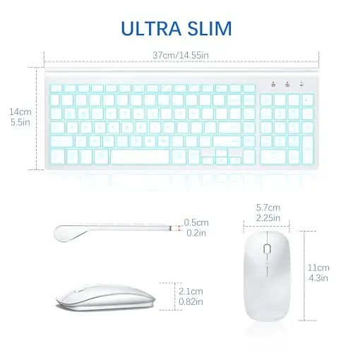 Wireless Backlit Keyboard and Mouse Ultra Slim Combo, TopMate - Matte White | 2.4G Silent Compact 2400DPI Mouse and Scissor Switch Keyboard Set, Batteries Included, for PC/Laptop/Windows/Mac/Gaming - 6