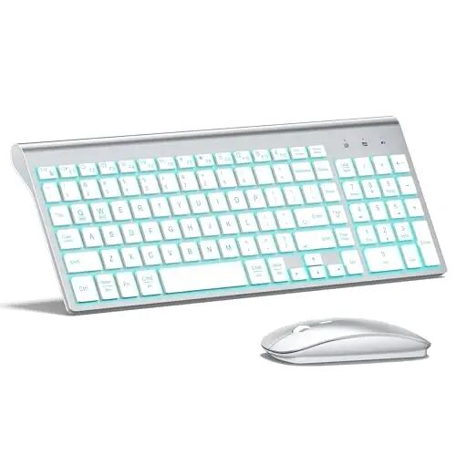 Wireless Backlit Keyboard and Mouse Ultra Slim Combo, TopMate -Silver White | 2.4G Silent Compact 2400DPI Mouse and Scissor Switch Keyboard Set, Batteries Included, for PC/Laptop/Windows/Mac/Gaming - 1
