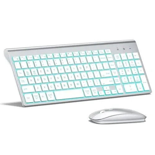 Wireless Backlit Keyboard and Mouse Ultra Slim Combo, TopMate -Silver White | 2.4G Silent Compact 2400DPI Mouse and Scissor Switch Keyboard Set, Batteries Included, for PC/Laptop/Windows/Mac/Gaming - 1