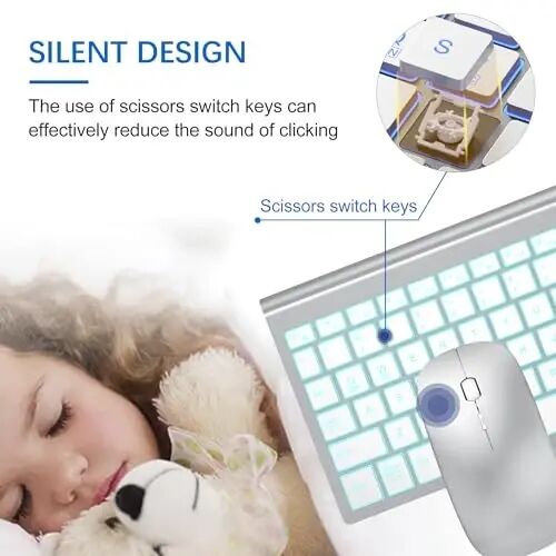 Wireless Backlit Keyboard and Mouse Ultra Slim Combo, TopMate -Silver White | 2.4G Silent Compact 2400DPI Mouse and Scissor Switch Keyboard Set, Batteries Included, for PC/Laptop/Windows/Mac/Gaming - TOPMATE (1)