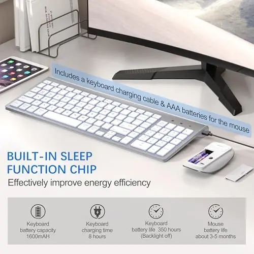 Wireless Backlit Keyboard and Mouse Ultra Slim Combo, TopMate -Silver White | 2.4G Silent Compact 2400DPI Mouse and Scissor Switch Keyboard Set, Batteries Included, for PC/Laptop/Windows/Mac/Gaming - 5