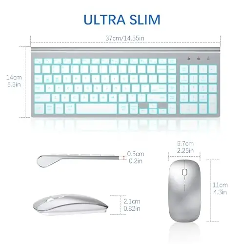Wireless Backlit Keyboard and Mouse Ultra Slim Combo, TopMate -Silver White | 2.4G Silent Compact 2400DPI Mouse and Scissor Switch Keyboard Set, Batteries Included, for PC/Laptop/Windows/Mac/Gaming - 6