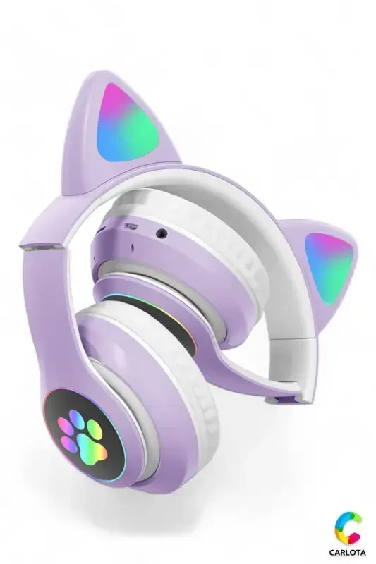 Wireless Bluetooth 5.0 Led Light Cat Ear Headphones Gift ios Android Compatible 8d Stereo Hd Sound-Purple - 2