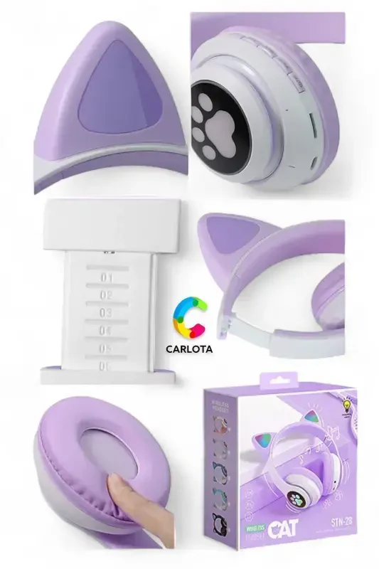 Wireless Bluetooth 5.0 Led Light Cat Ear Headphones Gift ios Android Compatible 8d Stereo Hd Sound-Purple - 4