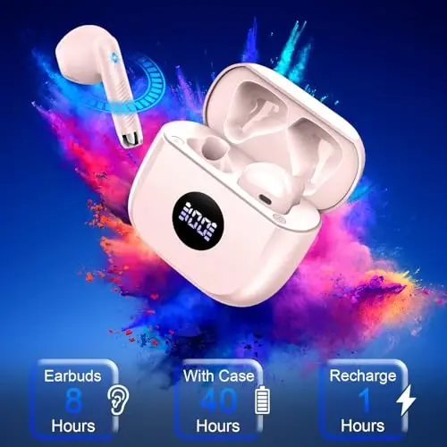 Wireless Bluetooth 5.4 Earbuds, Ear Buds LED Power Display Headphones 6D Stereo, Bluetooth Earbuds in-Ear Noise Cancelling Mic, 40H Playback Mini Case IP7 Waterproof Sports Earphones for Android iOS - 5
