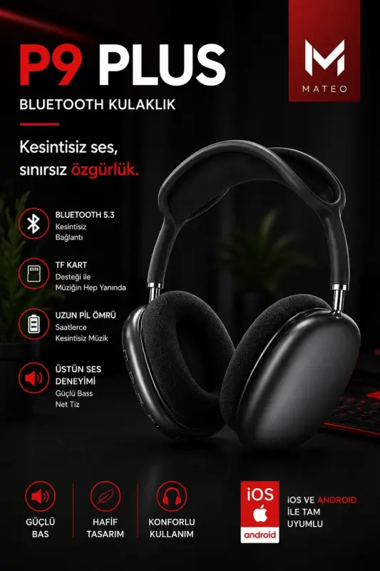 Wireless Bluetooth Headset | iOS Android Compatible | High Sound Quality | Stereo Headphones with Microphone - BLACK - 3