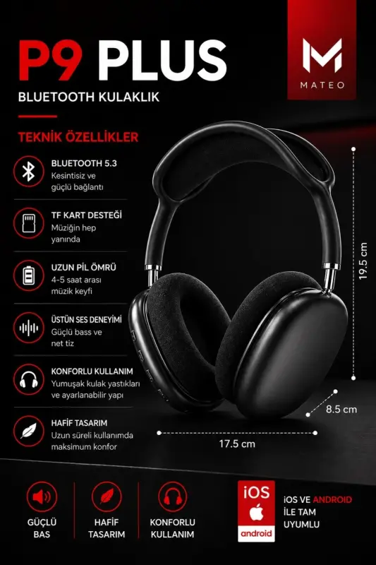 Wireless Bluetooth Headset | iOS Android Compatible | High Sound Quality | Stereo Headphones with Microphone - BLACK - 5