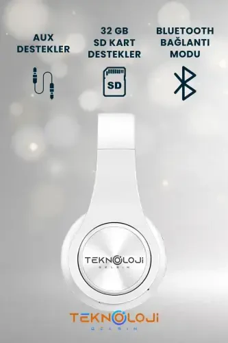 Wireless Bluetooth Over-Ear Headphones with Microphone, LED Light, Foldable White-WHITE - 4