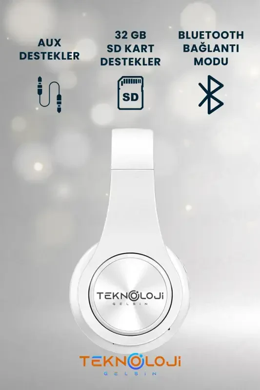 Wireless Bluetooth Over-Ear Headphones with Microphone, LED Light, Foldable White-WHITE - 4