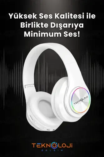 Wireless Bluetooth Over-Ear Headphones with Microphone, LED Light, Foldable White-WHITE - 5