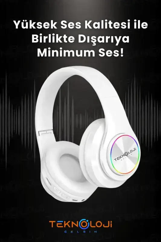 Wireless Bluetooth Over-Ear Headphones with Microphone, LED Light, Foldable White-WHITE - 5