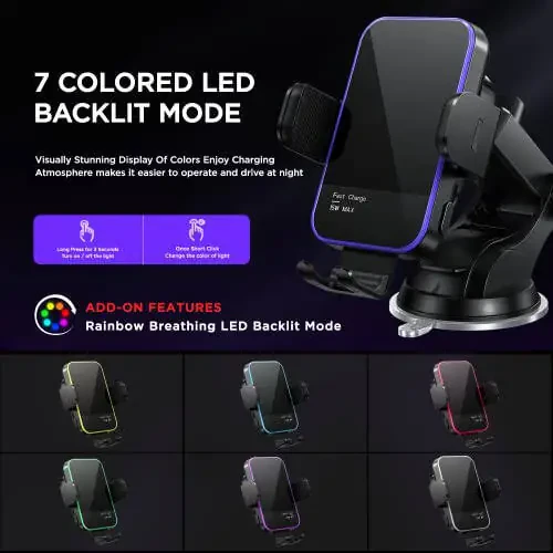 Wireless Car Charger, 【7 Colored RGB Backlit】 Mosurr 15W Auto Clamping Phone Holders for Your car fit for iPhone 15 14 13 12 Mini Pro Max 11 XR XS, Samsung Galaxy S24 Ultra S23 S22 S21+ Note 20, etc - 2