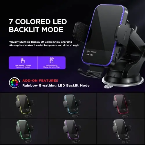 Wireless Car Charger, 【7 Colored RGB Backlit】 Mosurr 15W Auto Clamping Phone Holders for Your car fit for iPhone 15 14 13 12 Mini Pro Max 11 XR XS, Samsung Galaxy S24 Ultra S23 S22 S21+ Note 20, etc - 2