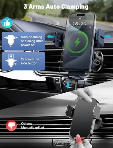 Wireless Car Charger, MOKPR Auto-Clamping Car Mount 15W/10W/7.5W Fast Charging Air Vent Car Phone Mount Compatible with iPhone 15/14/13/13 Pro/12 Pro Max/12 pro/12/11/10 Series, Samsung Galaxy Series - 5