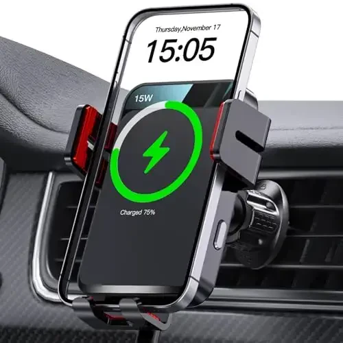 Wireless Car Charger, MOKPR Auto-Clamping Car Mount 15W/10W/7.5W Fast Charging Air Vent Car Phone Mount Compatible with iPhone 15/14/13/13 Pro/12 Pro Max/12/11/10/8 Series, Samsung Galaxy Series Red - 1